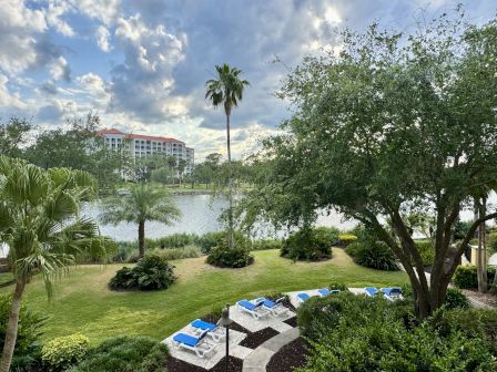 A lush garden with palm trees and blue lounge chairs by a lake, featuring a large building in the background under a partly cloudy sky.