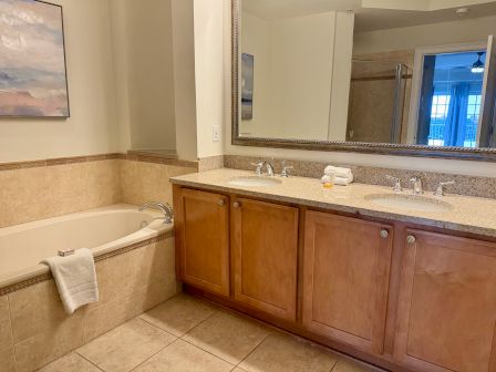 A bathroom with a bathtub, double sink, large mirror, towel, soap, and artwork on the wall.