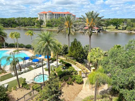 A resort view with a pool, hot tub, blue sun umbrellas, palm trees, a river, and a building under a partly cloudy sky.
