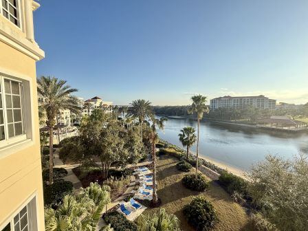A serene riverside scene with palm trees, buildings, and lounge chairs, under a clear blue sky.