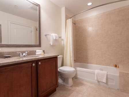 A clean bathroom with a large mirror, sink, cabinet, toilet, tiled bathtub, and shower curtain.