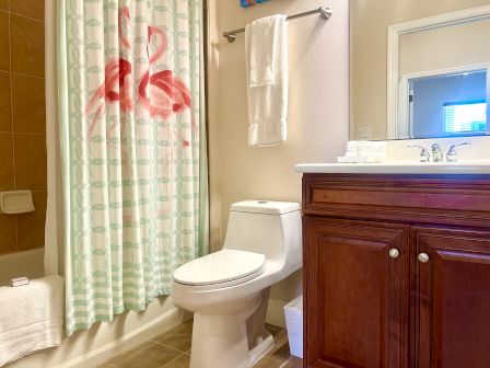 This image shows a bathroom with a flamingo shower curtain, a toilet, and a sink with a wooden cabinet and mirror.