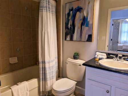Bathroom with a bathtub, striped shower curtain, abstract wall art, sink, toiletries, and small plant near a toilet.