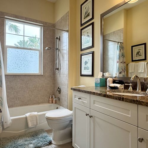 A bathroom featuring a shower-tub, white vanity with granite top, mirror, and window with palm tree view. Decor includes framed art and towels.
