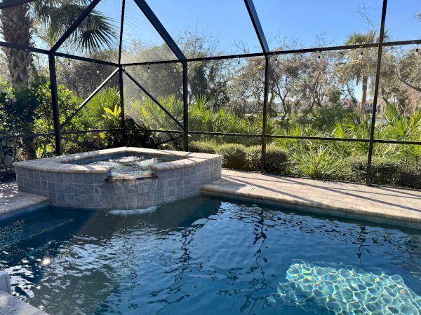 A screened-in pool area with a hot tub, surrounded by lush greenery and palm trees under a clear blue sky.