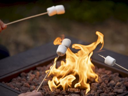 People are roasting marshmallows on skewers over an open flame, surrounded by rocks.