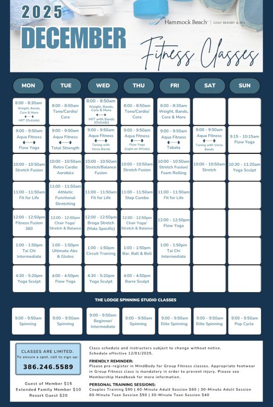 The image is a schedule for December 2025 Fitness Classes at Hammock Beach, detailing various classes, timings, and contact info.