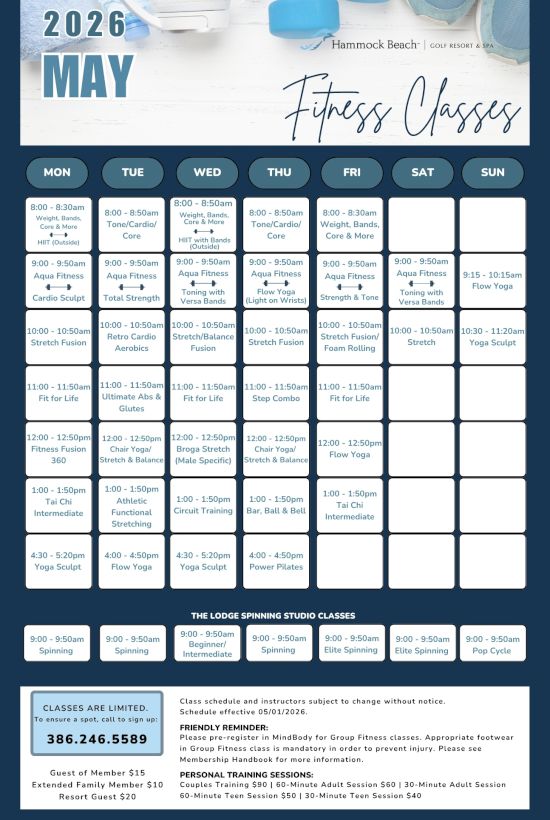 A May 2026 fitness classes calendar: weekly schedule grid, top row days, multiple time slots, header &ldquo;Fitness Classes,&rdquo; with a blue theme.
