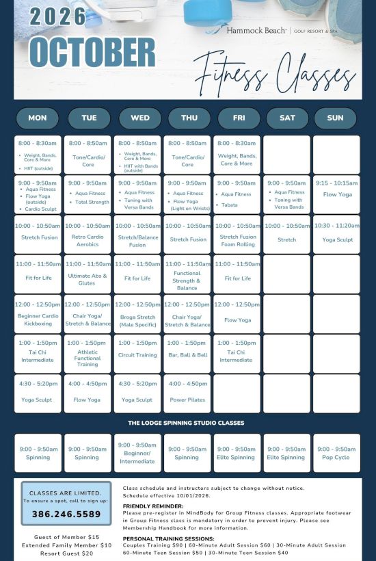 October 2026 fitness class schedule with Yoga, Pilates, HIIT, Aqua, and Spinning&mdash;plus reminders and sign-up info for Hammock Beach, enjoy.
