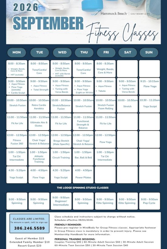 September 2026 fitness class schedule (yoga, cardio, strength, spinning) for Hammock Beach, with times and prices shown.